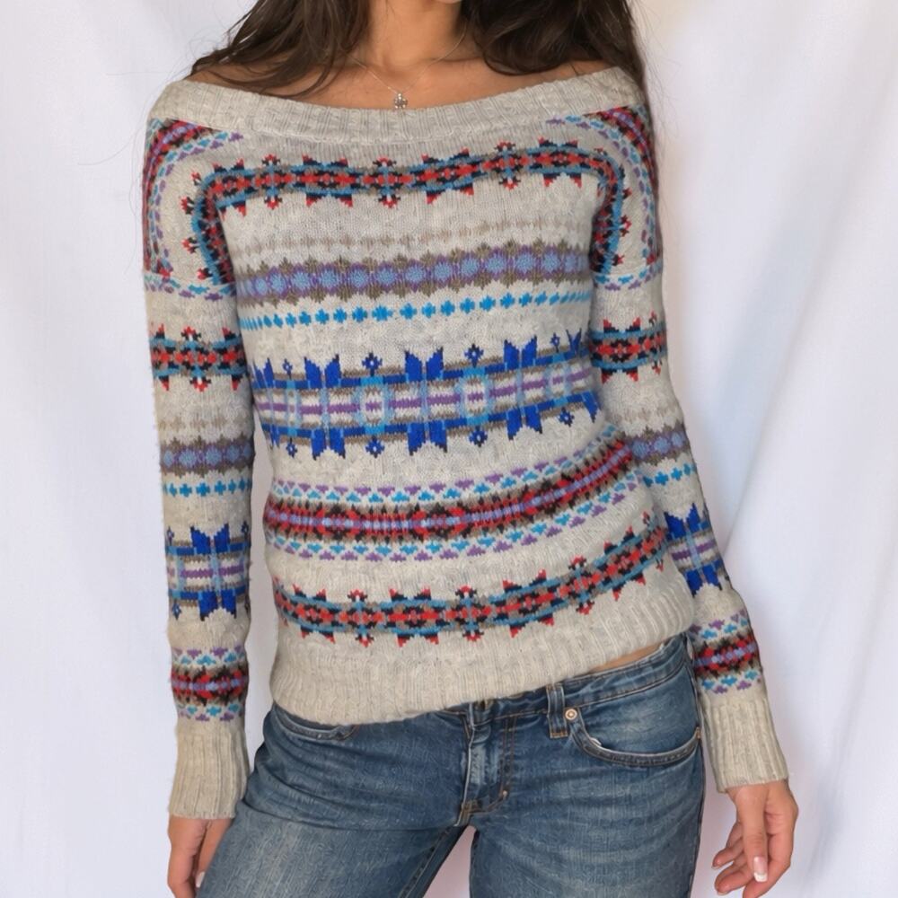American Eagle Fair Isle Off Shoulder Knit Boho Pullover Sweater Small